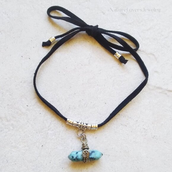 Unique Rustic Rugged Tomboy Necklace ~ Blue Kiwi Jasper + Black Cordage - Picture 3 of 8